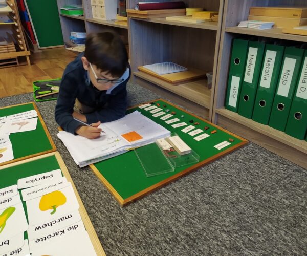 Praca na materiale rozwojowym podczas zajęć Montessori.